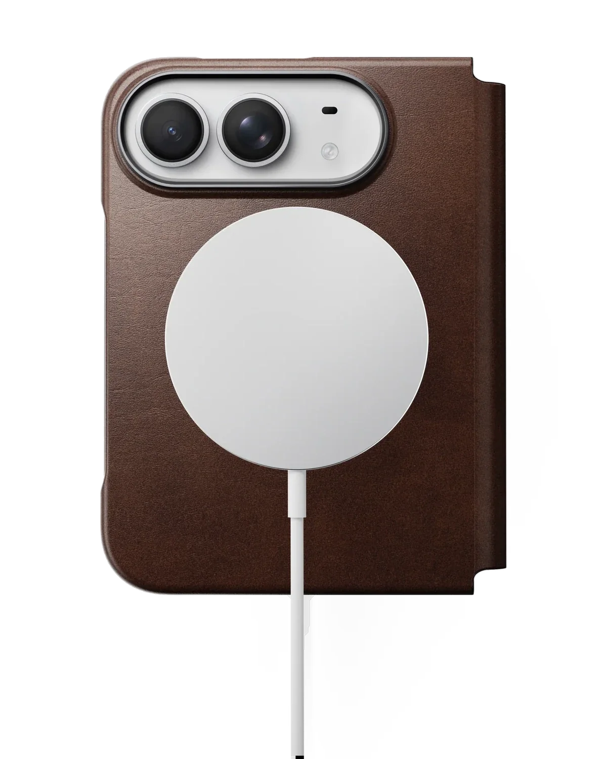 A MagSafe charger snapped onto the back of the Leather Folio